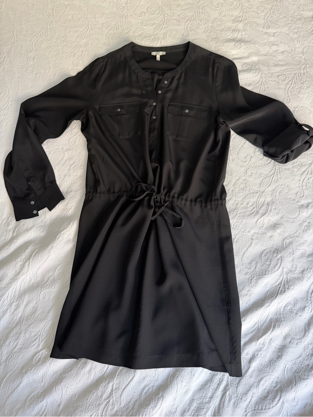 Joie Black Silk Roll-up Sleeve Drawstring Shirt Dress